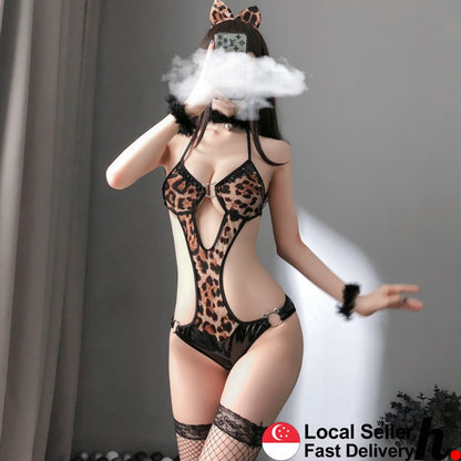 Leopard Style Sexy Costumes Lingerie Nightdress Nightwear Crotch Dress Body Stocking Female intimates